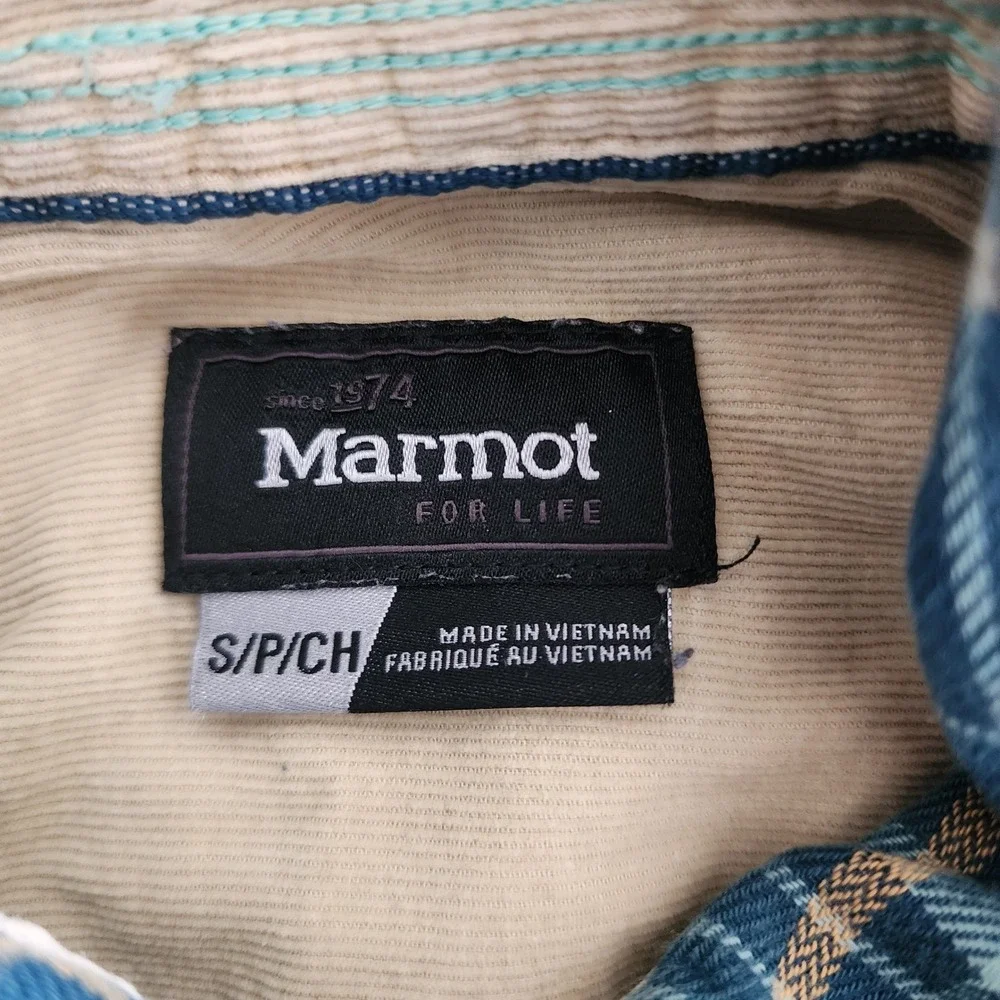 Marmot Womens Teal Blue Plaid Flannel Button Down Shirt Corduroy Trim Small Hike